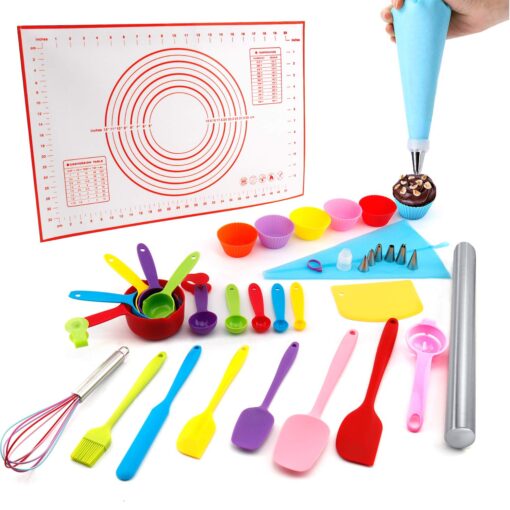 Baking Supplies - Silicone Spatulas Set, Rolling Pin, Pastry Mat, Silicone Baking Cups, Piping Bags and Tips, Measuring Cups and Spoons, Baking Set for Kids Teens Adult Beginner