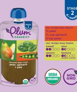 Plum Organics Stage 2 Organic Baby Food - Pear, Spinach, and Pea - 4 oz Pouch (Pack of 12) - Organic Fruit and Vegetable Baby Food Pouch Pear,spinach,pea 14 71EFonlLf3L