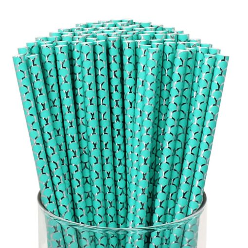 Just Artifacts 100pc Mermaid Themed Premium Disposable Drinking Paper Straws (Aqua & Silver Scales) Aqua & Silver