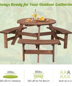 Giantex 6 Person Wooden Picnic Table Set with Wood Bench, with Umbrella Hold Design, Perfect for Outdoor Garden Yard Pub Beer Dining, Dark Brown 67"L×67" W×27.5" 24 71EUBRpfRxL