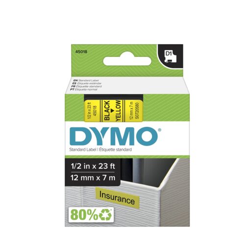 DYMO Standard D1 45018 Labeling Tape ( Black Print on Yellow Tape , 1/2'' W x 23' L , 1 Cartridge) 1/2" Black on Yellow