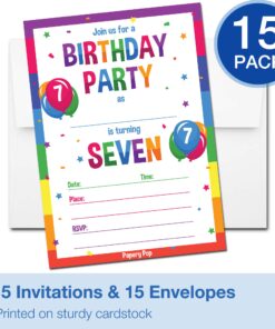 Papery Pop 7th Birthday Party Invitations with Envelopes (15 Count) - 7 Year Old Kids Birthday Invitations for Boys or Girls - Rainbow 10 71EfHTIudiL