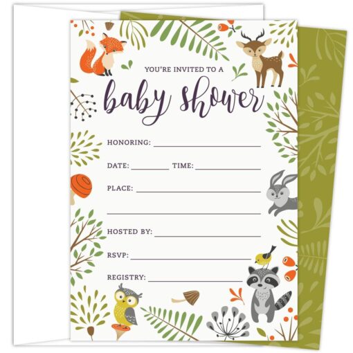 Woodland Baby Shower Invitations with Owl and Forest Animals. Set of 25 Fill-in Style Blank Cards and Envelopes. Unisex Design Suitable for Boy or Girl.