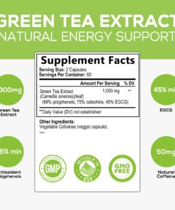 Green Tea Extract Capsules 1000mg 98% Standardized EGCG - 3X Strength for Natural Energy - Heart Support with Polyphenols - Gentle Caffeine - 120 Capsules 120 Count (Pack of 1) 11 71ElRdvgcvL