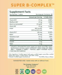 PURE SYNERGY Super B-Complex | Vitamin B Complex Made with Organic Whole Foods | Vegan Supplement with Natural Vitamin B12, Niacin, and Folate | for Energy, Focus and Mood Support (60 Tablets) 9 71EoFdzvZPL