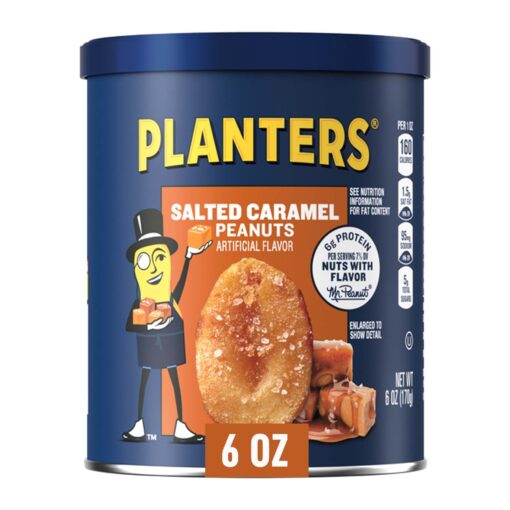 PLANTERS Salted Caramel Peanuts, Sweet and Salty Snacks, Plant-based Protein, 6 oz Canister ( 8 Count ) 6 Ounce (Pack of 8)