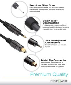 FosPower 24K Gold Plated Toslink to Mini Toslink Digital Optical S/PDIF Audio Cable with Metal Connectors & Strain-Relief PVC Jacket - 6ft 6 Feet 16 71ErqlN g9L