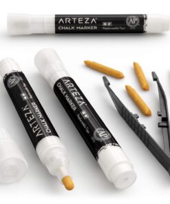ARTEZA Liquid White Chalk Markers Set of 12, Fine Tip, Includes 12 Replaceable Chisel Tips & 1 Tweezer, Dust-Free & Washable Water-Based Pens for Chalkboards, Car Windows, Menu Boards & Signs 15 71EsRHz4QUL