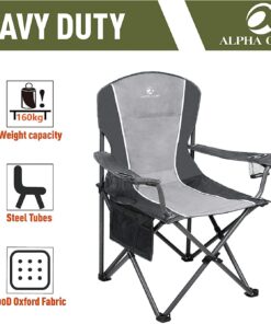 ALPHA CAMP Oversized Camping Folding Chair Heavy Duty Steel Frame Support 350 LBS Collapsible Padded Arm Chair with Cup Holder Quad Lumbar Back Chair Portable for Outdoor/Indoor Black Grey 15 71F1uH4NSVL
