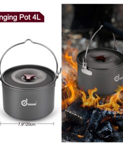 Odoland 22pcs Camping Cookware Mess Kit, Large Size Hanging Pot Pan Kettle with Base Cook Set for 4, Cups Dishes Forks Spoons Kit for Outdoor Camping Hiking Picnic 27 71F3gJ1XYQL