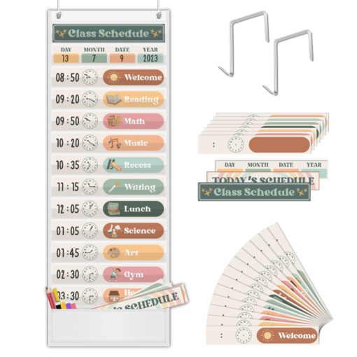 Godery Boho Daily Schedule Pocket Chart for Classroom with 24 Cards，Welcome Back to School Classroom Decorations, White Boho-white