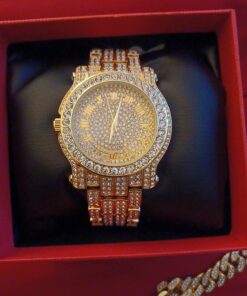 Men's 45mm Iced Diamond Watch with Roman Dial and Bling-ed Out Adjustable Metal Strap - Quartz Movement - 14k Gold or Silver - Watch, Bracelet Set or Tennis Chain Set 22 71FGBDDyMyL