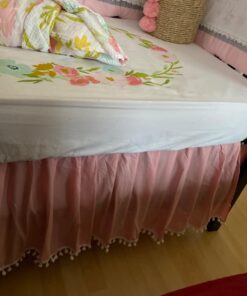 Pink Crib Skirt Pleated with White Lovely Pompoms, Bedding Dust Ruffle for Baby Girls, 14" Drop, Fit All Standard Crib Bed, Fade Resistant Crib Bed Skirt Machine Wash Tassel Pink 26 71FGmCTL6OL
