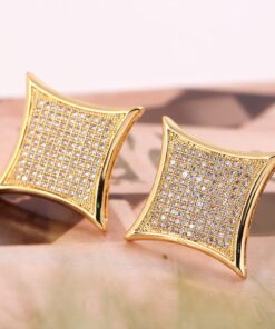 Alternative view of Mens 14k Gold Plated Hip Hop Kite Screw Backs Earrings Iced Out 8 Rows(15mmx15mm)