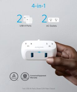 Alternative view of Anker Extension Cord,Mini Power Strip with USB Ports ,2 Outlets and 2 USB-A Ports, Flat Plug, 5 ft Extension Cord, Safety System for Travel, Desk, and Home Office, TUV Listed White-Round Extension Cord