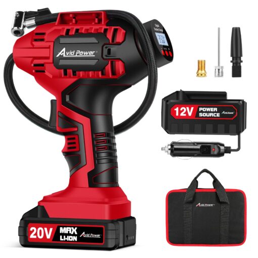 AVID POWER Tire Inflator Air Compressor, 20V Cordless Car Tire Pump with Rechargeable Li-ion Battery, 12V Car Power Adapter, Digital Pressure Gauge 1-red