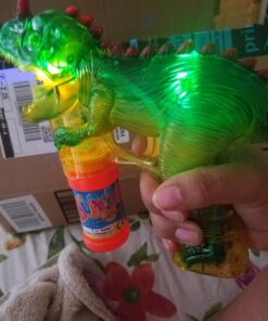 Dinosaur Bubble Gun Light Up Bubbles Shooter, Battery Operated Bubble Maker Toy for Toddlers & Kids, Sound-Free (Extra Refill Bottle and Batteries Included) Green Dinosaur 37 71FT0QHCwuL
