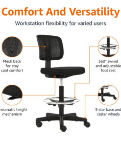 Amazon Basics Mid-back Mesh Office Drafting Chair Stool with Adjustable Footrest, Black No Arms 36 71FaPVXTbL