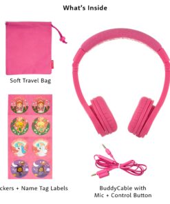 BuddyPhones Explore+, Volume-Limiting Kids Headphones, Built-in Audio Sharing Cable with in-Line Mic, for Kindle, iPad, iPhone, or Android, Rose Pink 17 71FaaCqG7FS
