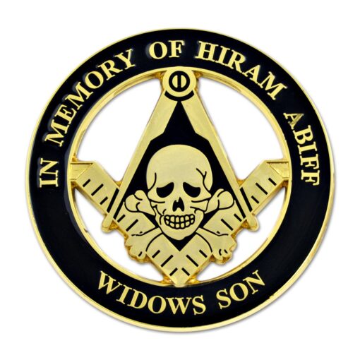 Widow's Son Skull Square & Compass Round Masonic Auto Emblem - [Black & Gold][3'' Diameter]