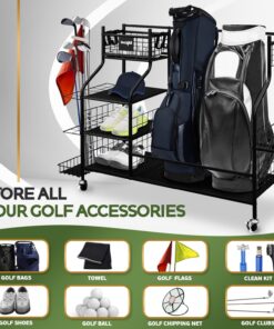 Yes4All Golf Bags Storage Garage Organizer, Golf Club Storage Stand and Lockable Wheels for Garage Indoor Basement, Extra Rack for Golf Clubs and Other Golfing Equipment Black 11 71FihdBidHL
