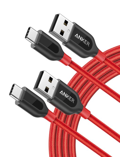 Anker [2-Pack, 6ft] PowerLine+ USB-C to USB-A, Double-Braided Nylon Fast Charging Cable, for Samsung Galaxy S9/S9+/S8/S8+/Note 8, MacBook, LG V20/G5/G6, and More (Red) 6 Feet Red 2