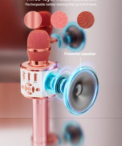 Ankuka Karaoke Microphone for Kids, Bluetooth Karaoke Microphone with LED Lights,Portable 4 in 1 Wireless Microphone Toys Christmas Birthday Gift Home Party Kids Toys for Girls Boys Adults(Rose Gold) Rose Gold 23 71FttkjKSeL