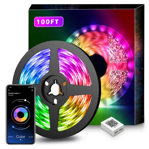 Nexillumi 100Ft LED Strip Lights Music Sync Color Changing RGB LED Strip Remote, Sensitive Built-in Mic, App Controlled LED Lights Rope Lights, 5050 RGB LED Light Strip(APP+Remote+Mic) 100 ft