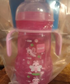 MAM Plastic Trainer Cup (1 Count), 8 oz. Trainer Drinking Cup with Extra-Soft Spout, Spill-Free Nipple, and Non-Slip Handles, for Girls 4+ Months, Designs May Vary Pink 32 71G r6uztL