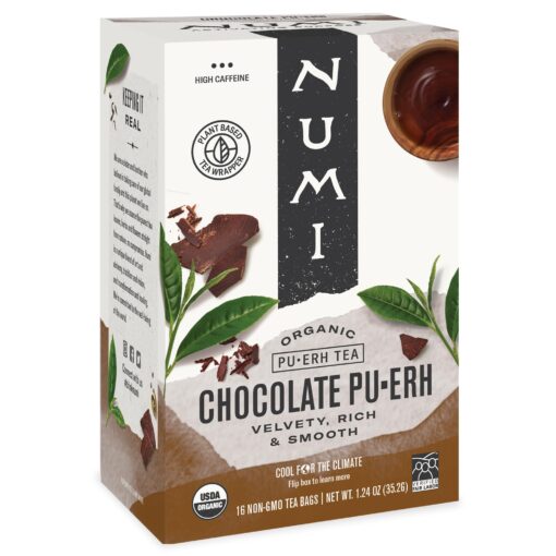 Numi Organic Chocolate Pu-erh Tea, 16 Tea Bags, Aged Yunnan Pu-erh Black Tea with Cocoa & Orange Peel (Packaging May Vary) 16 Count (Pack of 1)