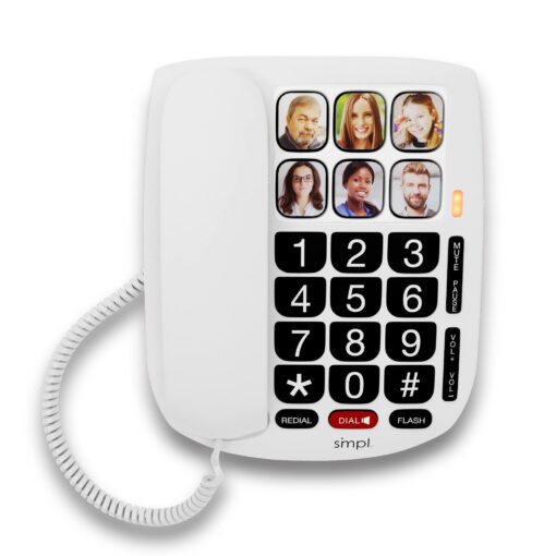 SMPL Hands-Free Dial Photo Memory Corded Phone, One-Touch Dialing, Large Buttons, Flashing Alerts, Durable, Perfect for Seniors, Alzheimer's, Dementia, Hearing Impaired, Handset Volume Increase White - 6 - Standard