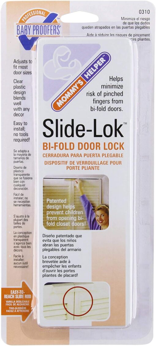 Mommy's Helper Slide-Lok Bi-Fold Door Lock, Baby Lock (Pack of 1), Closet Locks for Double Doors, Fits Most Doors - Included Shim Makes Tighter Fit for Thin Doors Pack of 1