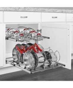 Rev-A-Shelf 2-Tier Kitchen Cabinet Pull Out 21" Cabinet Organizer for Pots, Pans, and Lid Cookware, Adjustable Heavy Duty Wire, Chrome, 5CW2-2122-CR 21 in. 24 71GHrnI9uL