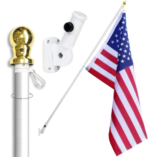 American Flag Pole Holder Kit Silver | Heavy Duty Outdoor Flagpole | 3x5’ Flag | 210D Nylon United States Flag | 6’ Adjustable Spinning Flag Pole | House Mount Bracket | Commercial | High Winds Flag Pole Kit w/ Silver Pole