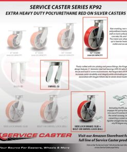 Extra Heavy Duty Kingpinless 12” x 3” Red Polyurethane Tread on Metal Core Caster Set of 4-2 Swivel w/Brakes & Bolt on Swivel Locks/2 Swivel with Brakes - 14,000 lbs. Total Capacity-Service Caster 12" Wheel 4 Swivel w/4 Brakes & 2 Swivel Locks 7 71GMUJOu7sL
