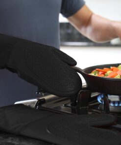 HOMWE Extra Long Professional Silicone Oven Mitt, Oven Mitts with Quilted Liner, Heat Resistant Pot Holders, Flexible Oven Gloves, 1 Pair (Black, 13.7 inch) Black 28 71GPiCCXQHL