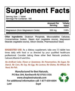 Alternative view of Best Naturals Magnesium oxide 500 mg 180 tablets