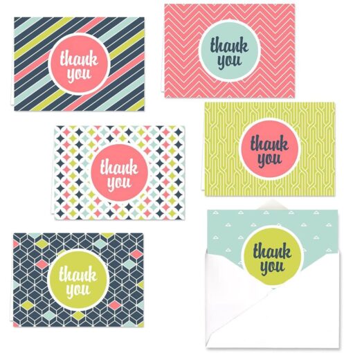 Mod Thank You Note Card Assortment Pack - Set of 36 cards - 6 designs blank inside - with white envelopes (53876) Mod