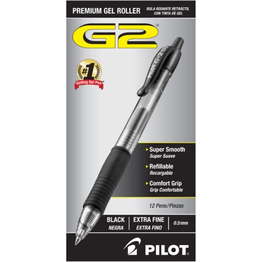 Pilot, G2 Premium Gel Roller Pens, Extra Fine Point 0.5 mm, Pack of 12, Black Black Ink