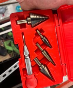 NEIKO 10169A Step Drill Bit Set and Automatic Center Punch | 5 Piece, 41 SAE Sizes Total, 1/8” – 1-3/8” | Titanium High Speed Steel Unibit, Stepper Cone Drill Bit | Two Flute Step Down Bits 35 71GcRjC5bGL