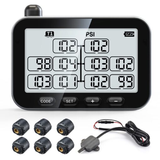 GUTA Trailer Tire Pressure Monitoring System, Trailer TPMS with 6 Sensors, 6 Alert Modes, Signal Booster, Power Saving Display, Long Sensing Distance, for 3 Trailers (T1/T2/T3), for RV, Trailer 6-Sensors