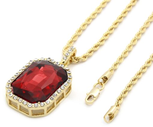 Mens 14k Gold Plated Iced Out Red Ruby Octagon Hip Hop Pendant with 3mm 24" Rope Chain M3