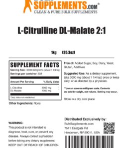 BULKSUPPLEMENTS.COM L-Citrulline Malate 2:1 Powder - L Citrulline Malate Supplement, Citrulline Malate Powder - Unflavored & Gluten Free - 3g per Servings, 333 Servings, 1kg (2.2 lbs) 2.2 Pound (Pack of 1) 10 71GlINEKcL