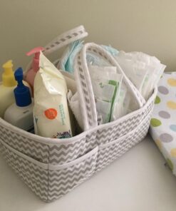 Dove Gray Chevron Storage Caddy - Chevron Print Body, Handles and Lining, Gray and White Trim, Gray and White, Two Handles, 12 in x 6 in x 8 in Dove Gray 31 71GqQHdFDfL