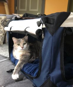 PetLuv-Happy Cat Premium Cat Carrier Soft Sided Foldable Top & Side Loading Pet Crate & Carrier Locking Zippers Shoulder Straps Seat Belt Lock Plush Pillow 24.0"L x 16.0"W x 16.0"H Navy Blue 33 71GxZWITeuL