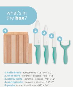 Ceramic Knife Set with Block - Chef Knife, Utility Knife, Paring Knife Rust Proof Sharp Turquoise Kitchen Knife Set with Wood Block and Fruit Peeler 38 71H2unVLNAL 1