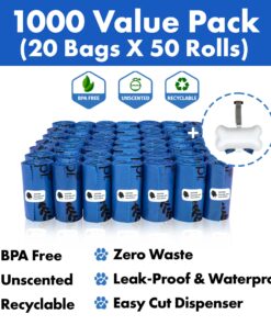 GORILLA SUPPLY Dog Poop Waste Bags with Dispenser and Leash Tie, 9" x 13", Blue, 1000 Count 26 71H5bniaWoL