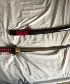 Handmade Sword – Japanese Samurai Wakizashi Swords, Practical, Hand Forged, 1045/1095 Carbon Steel, Heated Tempered, Full Tang, Sharp, Wooden Scabbard Warrior Red Tsuka 24 71H7kleisnL