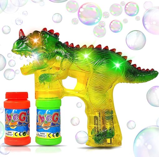 Dinosaur Bubble Gun Light Up Bubbles Shooter, Battery Operated Bubble Maker Toy for Toddlers & Kids, Sound-Free (Extra Refill Bottle and Batteries Included) Green Dinosaur