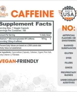 Genius Caffeine Pills 100mg, Extended-Release Microencapsulated Caffeine Pills - All-Natural Non-Crash Sustained Energy, Focus & Concentration Supplement - Nootropic Brain Booster - 100 Capsules 28 71HAWOcn4DL